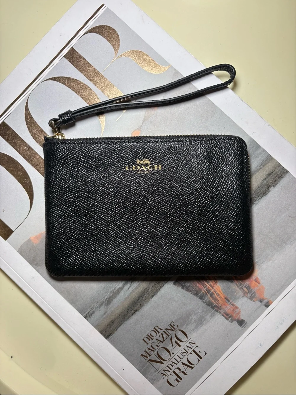 Coach Black Leather Wristlet with Gold Logo